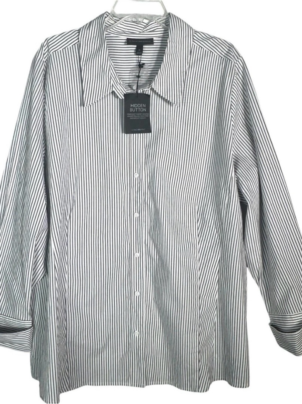 NEW Lane Bryant White Gray Stripe Button Blouse Womens Sz 28 Stretch Cotton NWT